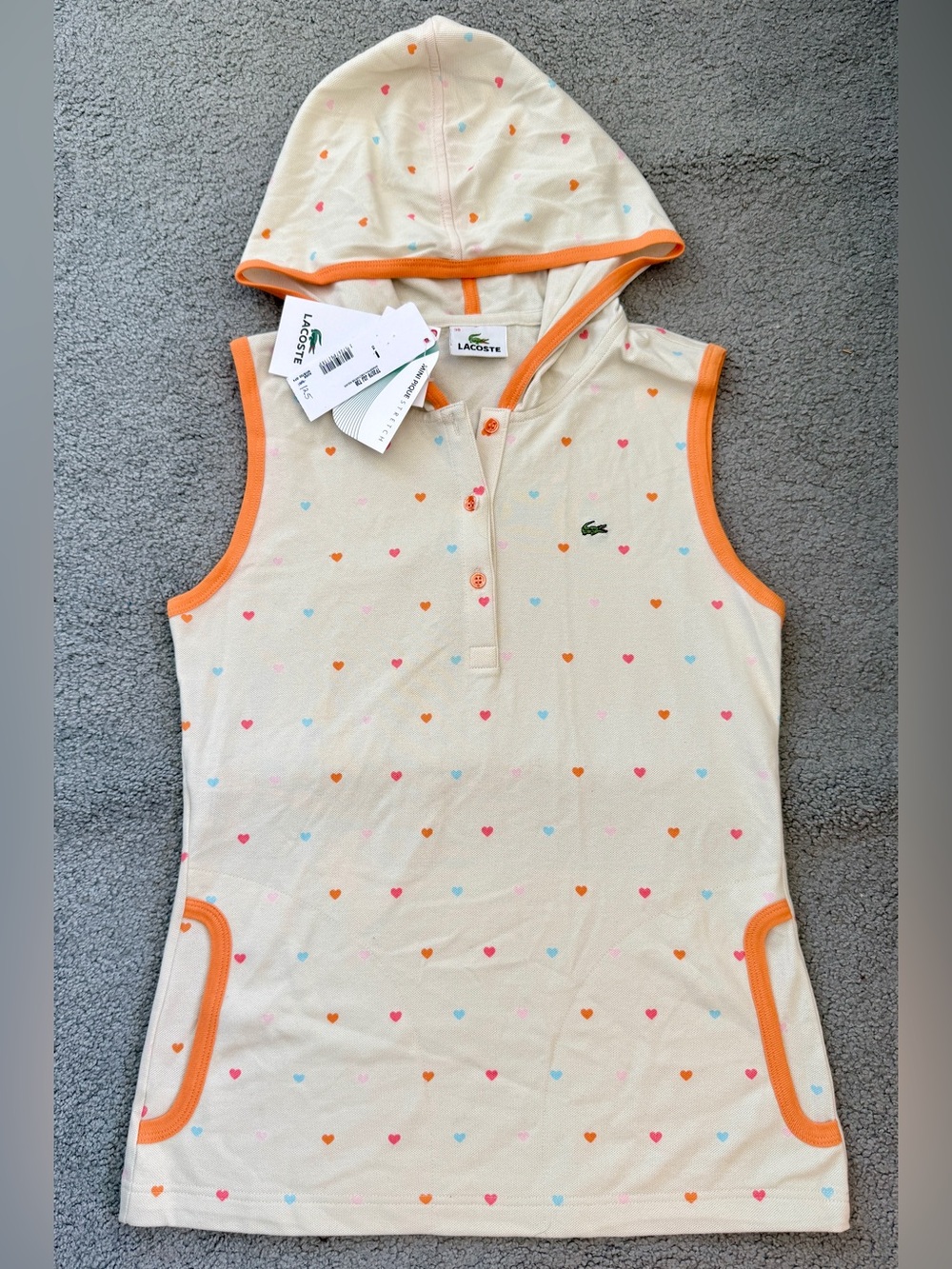 Vintage NWT Lacoste Sleeveless top Hooded vest Hearts on Cream Orange Trim 38 M